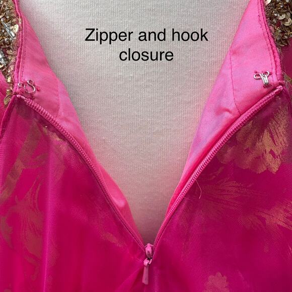 Mac Duggal Cassandra Stone Prom Dress Gown Hot Pink Gold Beaded Metallic Formal - Picture 13 of 16